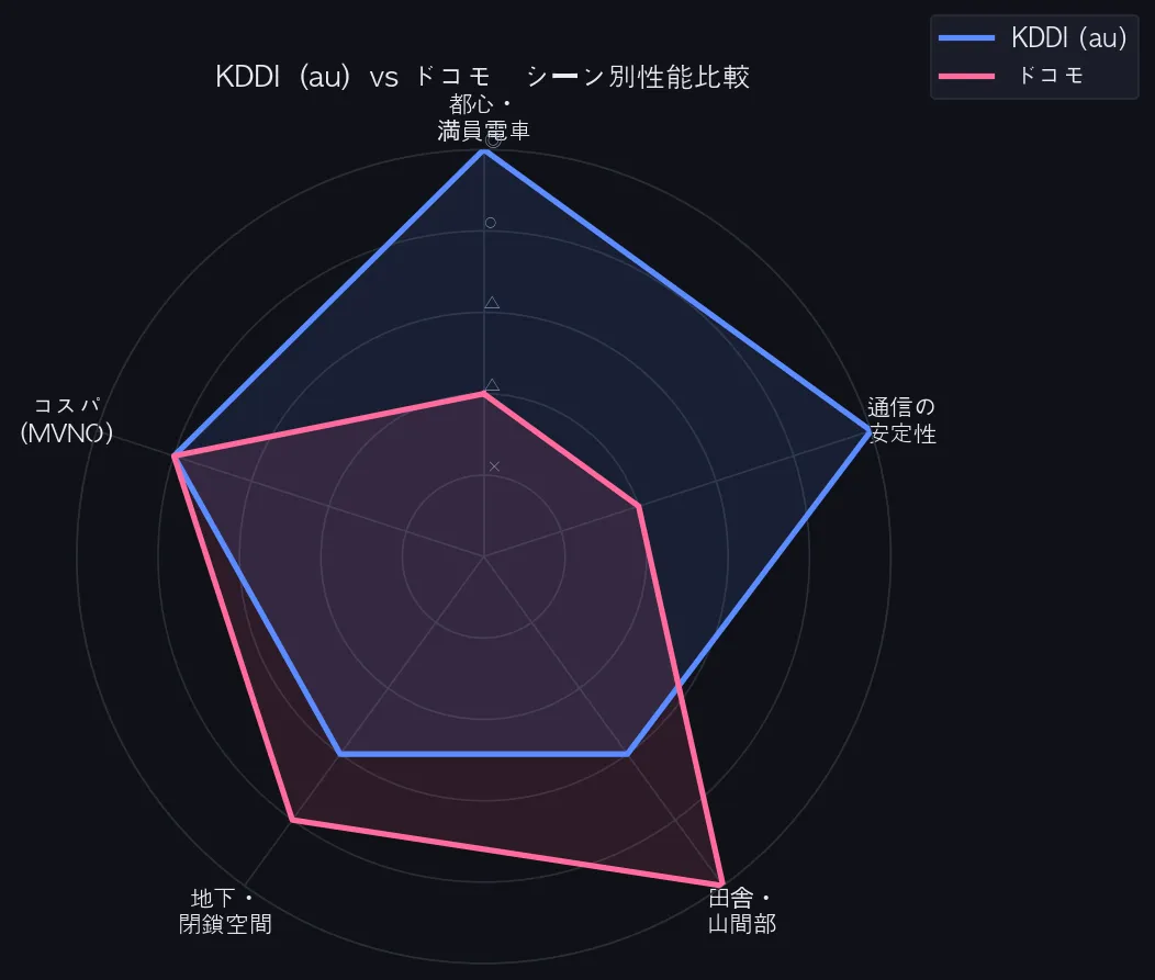 KDDI（au）vs ドコモ　シーン別性能比較レーダーチャート
